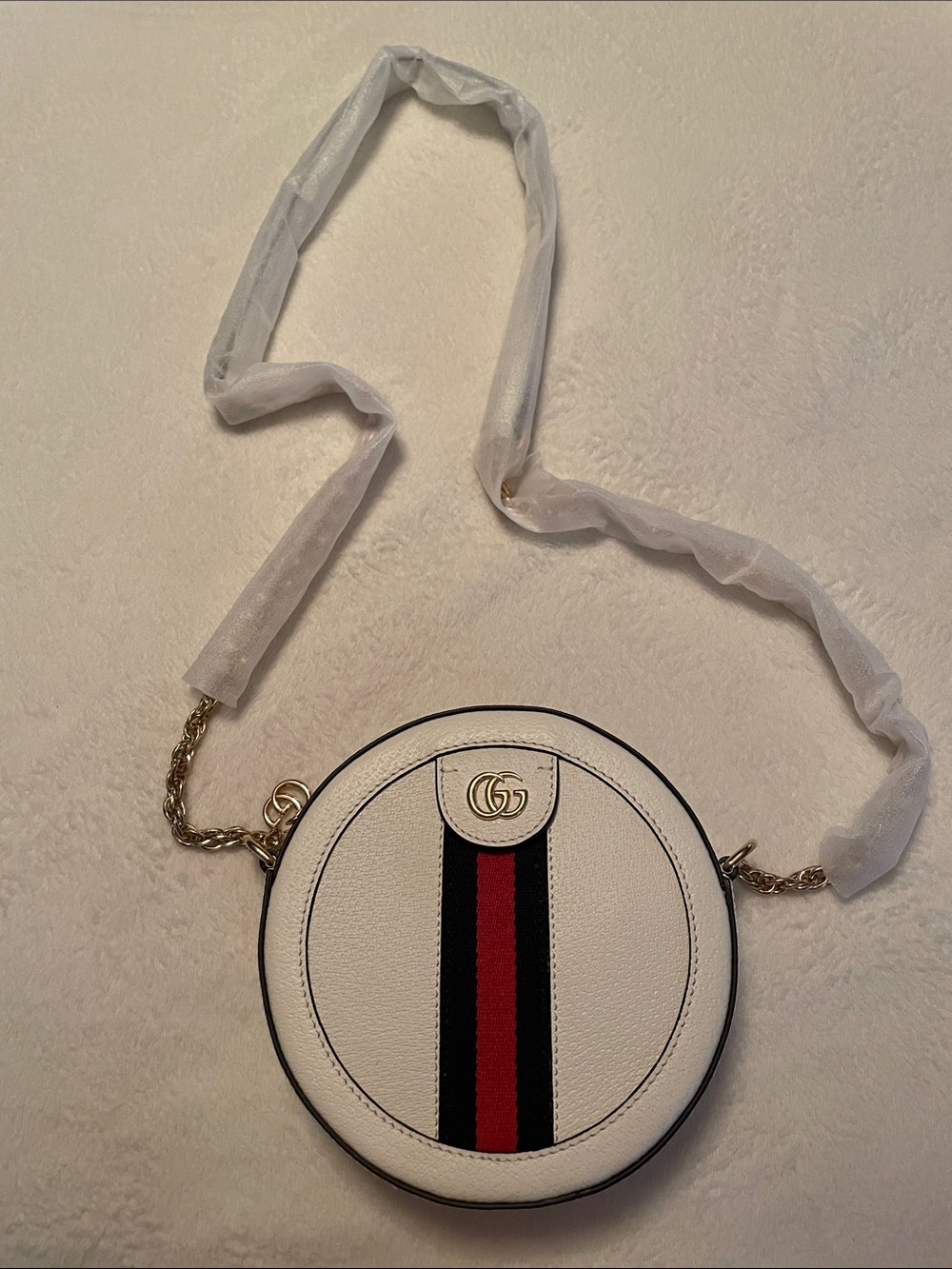 GUCCI Ophidia White Round Crossbody Bag with Black & Red Center Stripe
